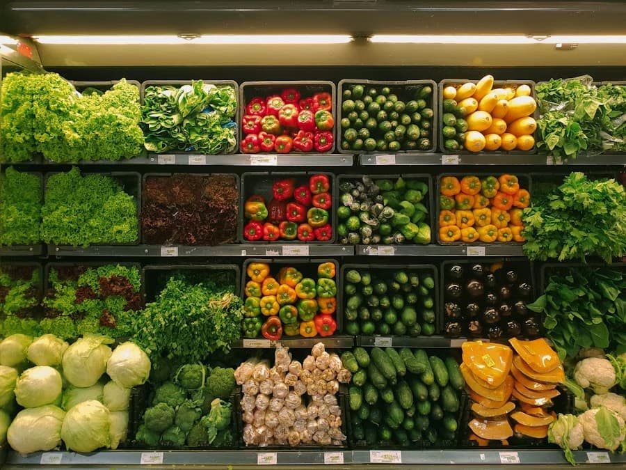 Fresh produce shelves at the neighborhood grocery