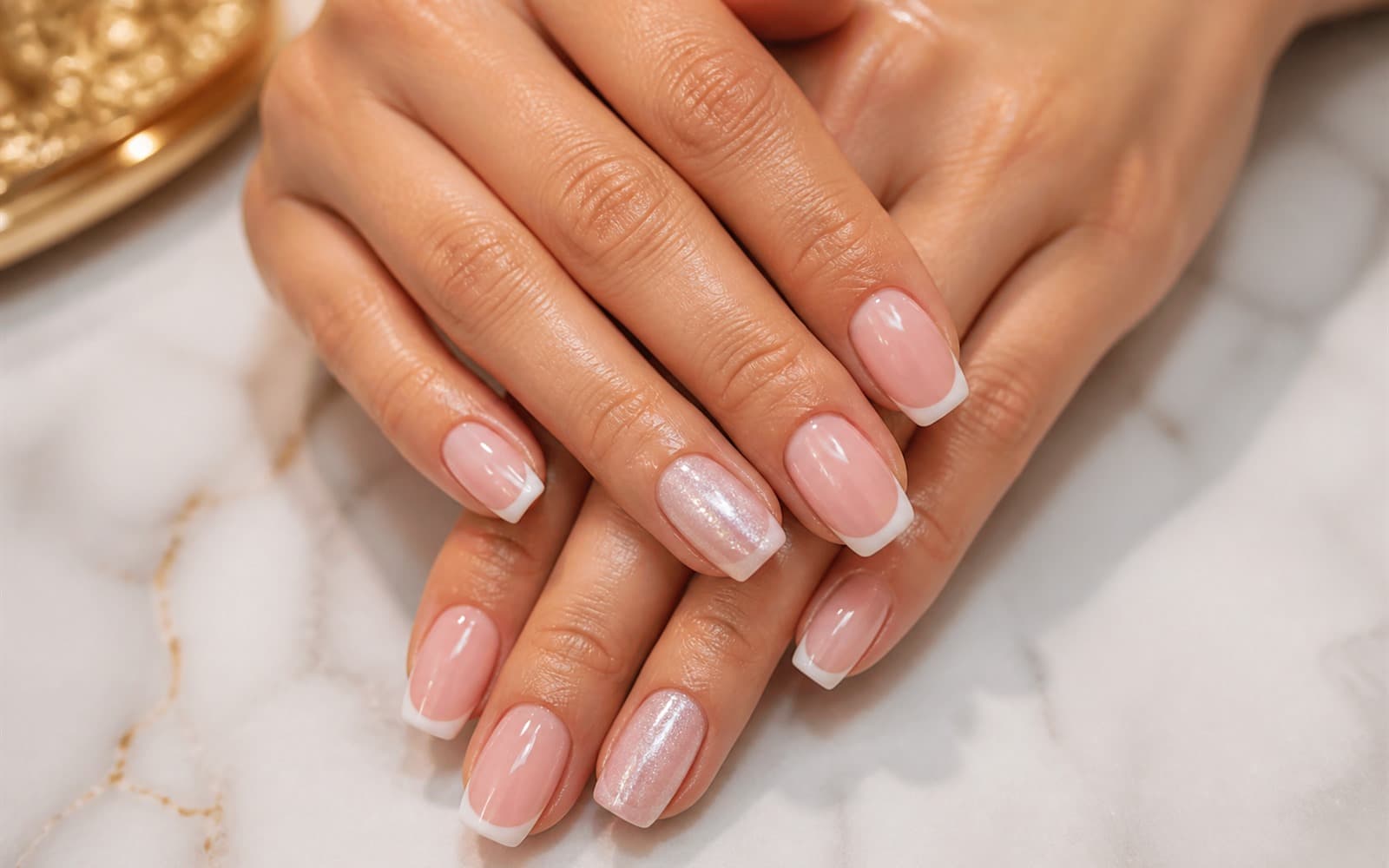 French manicure hands resting on white marble